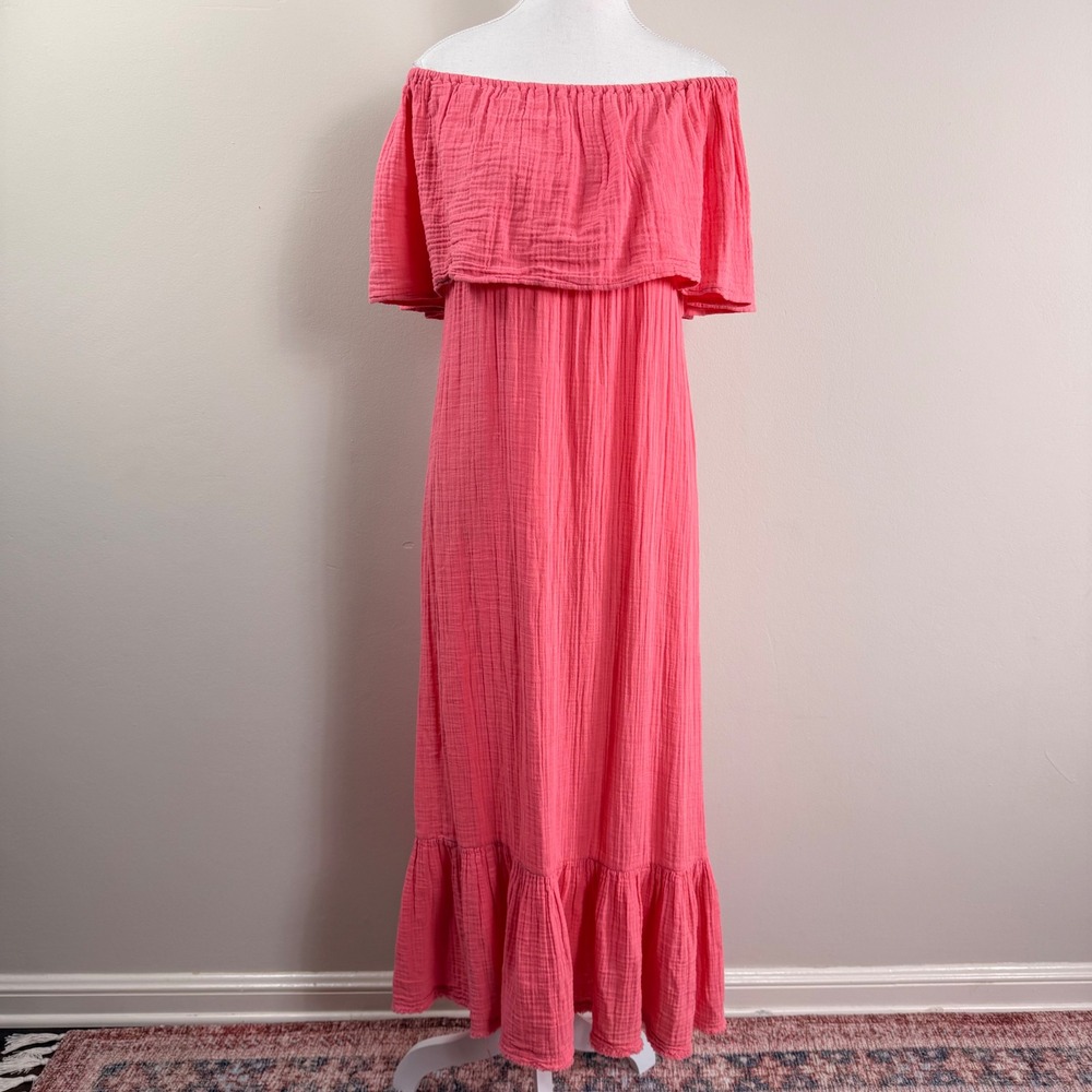 Anaak Coral Pink Cotton Gauze Ruffle Off Shoulder Maxi Dress Size 0 Boho India